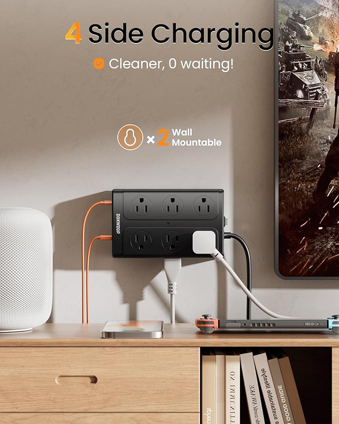Surge Protector Power Strip – 10FT Extension Cord with 12-Outlet 4 USB-A & 2 USB-C Ports, 1850W/15A, Flat Plug, Wall Mountable – ETL Listed for Home, Dorm Room
