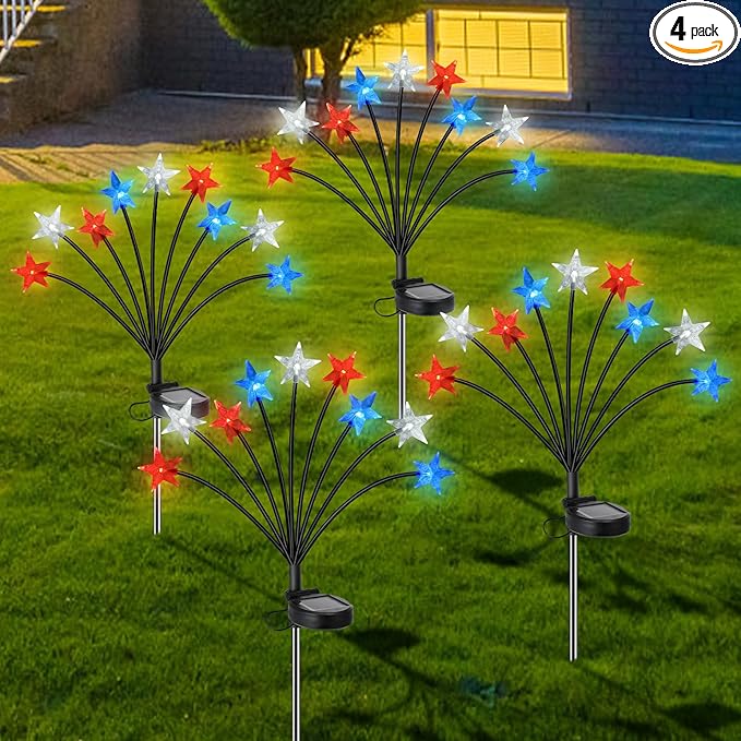 Lewondr 4th of July Decorations Solar Garden Lights, Fourth of July Red White and Blue Light Solar Lights Outdoor, Waterproof Patriotic Decor with 9 LED 2 Lighting Modes for Independence Day, 4 Pack