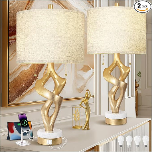 Scenekoy Sculptural Table Lamp Set of 2 with USB Ports for Bedroom Living Room, 26” Gold Leaf Marble Base Bedside Lamps, Pull Chains Switch Modern Nightstand Lamp for Home Room Decor (Bulbs Included)