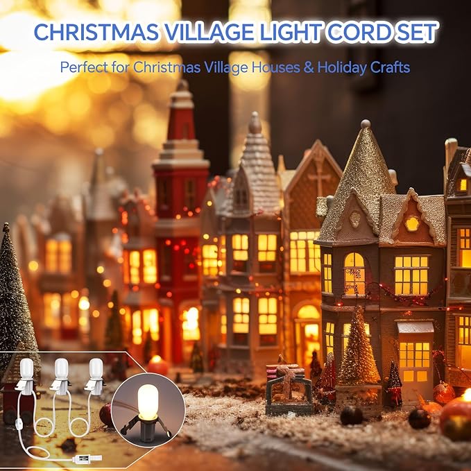 Leelosp 4 Pack Christmas Village Light Cord Set Accessory Cord with 3 LED Bulbs 6.6ft Blow Mold Light with On/Off Switch for Christmas Village Houses Holiday Crafts Decor