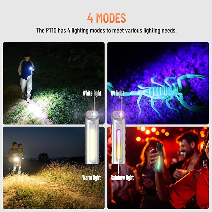 NICRON PT10 Rechargeable Flashlight, 1000 Lumens EDC Flat Flashlight with 90° Rotatable Head and Strong Magnet, 4 Modes White/UV/Warm/RGB, IPX4 Waterproof, Hands Free Flashlight for Camping, Emergency
