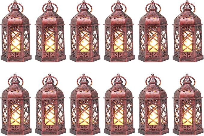 12PCS Mini Lantern with Flicker LED Candle for Halloween Decorations, Small Lanterns Decorative, Vintage Hanging Moroccan Lantern for Wedding Halloween Christmas Decor, Table Centerpiece, Rose Gold
