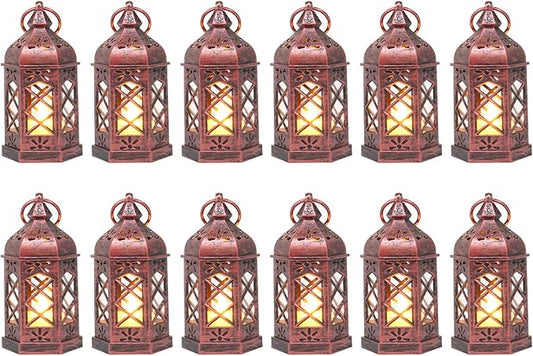 12PCS Mini Lantern with Flicker LED Candle for Halloween Decorations, Small Lanterns Decorative, Vintage Hanging Moroccan Lantern for Wedding Halloween Christmas Decor, Table Centerpiece, Rose Gold