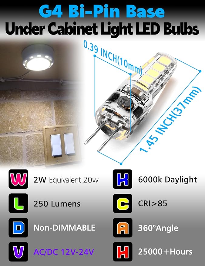 G4 LED Light Bulb 2W Equivalent to Halogen Bulb 20W-30W T3 JC Type Bi-Pin G4 Base AC DC 12V-24V 250LM Daylight White 6000K for RV Interior Boat Yacht Courtyard Path, Not-Dimmable,10pcs