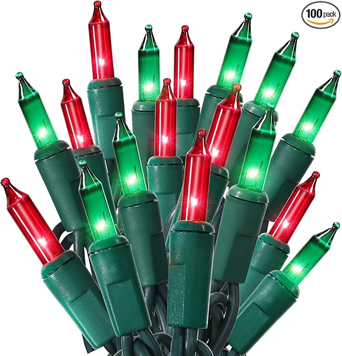 ODEETRONIC Red & Green Christmas String Lights, 21.63ft 100 Count Incandescent String Lights Connectable, UL Certified Christmas Mini Lights, Green Wire Tree Lights for Indoor Outdoor Party Yard Decor