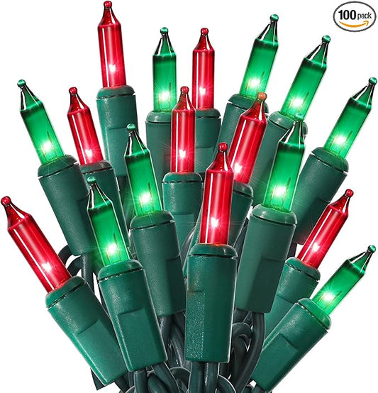 ODEETRONIC Red & Green Christmas String Lights, 21.63ft 100 Count Incandescent String Lights Connectable, UL Certified Christmas Mini Lights, Green Wire Tree Lights for Indoor Outdoor Party Yard Decor