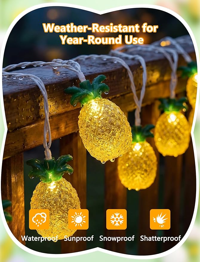8.5Ft Pineapple String Lights, Hawaiian Beach Themed Party Lights with 10LED Warm White Waterproof Pineapple Fairy Lights, Tropical Decoration for Indoor Outdoor Party Bedroom Wedding Birthday Pool