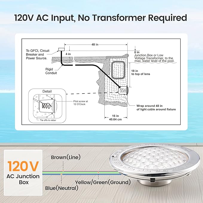 SURAIELEC Pool Lights for Inground Pool, 10 Inch 120V LED Underwater Light, 35W (300W Equivalent), 4000LM, Cool White 6000K, Fits 10" Large Wet Niches, Stainless Steel Housing, 100FT Cord