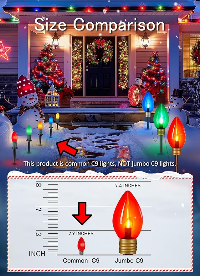 Brightown Frosted C9 LED Christmas Lights Outdoor, 2 Packs Total 64Ft Pathway Lights with 50 LED Bulbs and Stakes, Multicolor Christmas Decorations for Outside Driveway, Walkway, Sidewalk