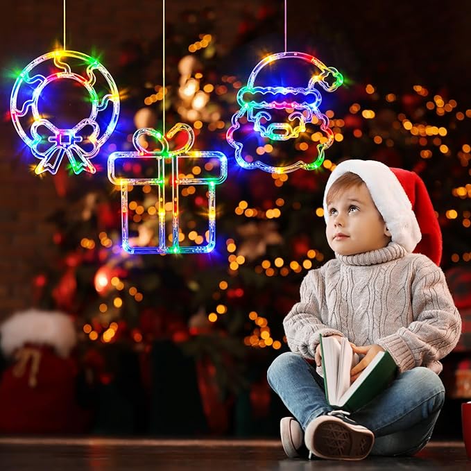 LOLStar Christmas Window Decorations 3 Pack Wreath Gift Box Santa Claus Christmas Window Lights with Suction Cups, Battery Operated Xmas Lights Decors, 2025 Upgrade Slow Fade Mode and Timer Function