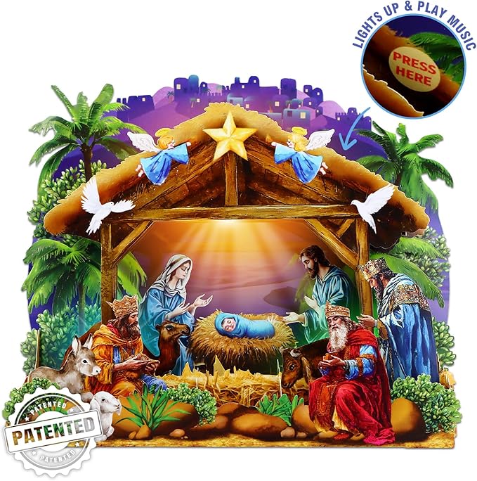 FaCraft Religious Nativity Musical Christmas Cards, 10"x7" Handmade 5-Layer 3D Pop Up Christmas Cards Gift Jesus Christ Birth Scene Decoration with Envelope, Blank Note, Seal, for Family Friends Kids