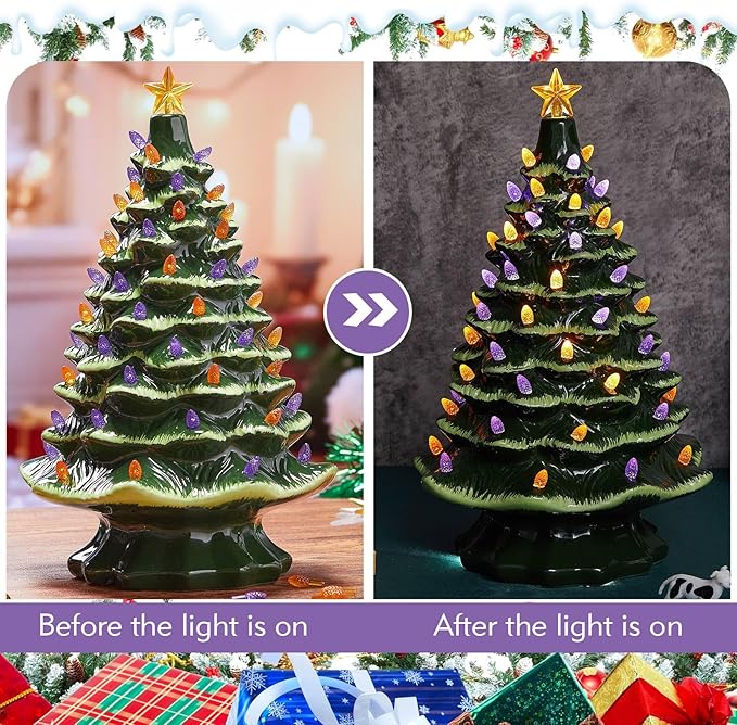 Boao 100 Pieces Ceramic Christmas Tree Bulbs and 5 Stars Replacement Plastic Bulbs for Ceramic Christmas Tree Decorations (4 mm Diameter,Purple and Orange)