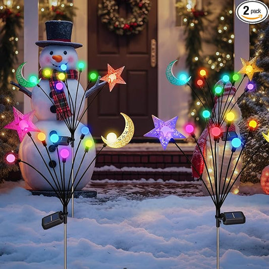 TAKE ME Solar Firefly Lights Outdoor Moon Star Sun Projection Stake Lights - Waterproof Solar Powered Garden Lights for Pathway, Yard, Patio Decor Color Changing