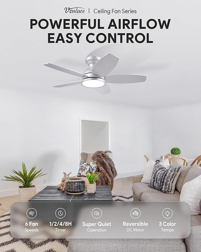 VONLUCE Ceiling Fans with Lights, 36 Inch Ceiling Fan and Remote, Full-Spectrum LED Light, 3CCT, 6-Speeds Noiseless Reversible DC Motor, Modern Ceiling Fan for Bedroom Living Room Farmhouse, Nickel