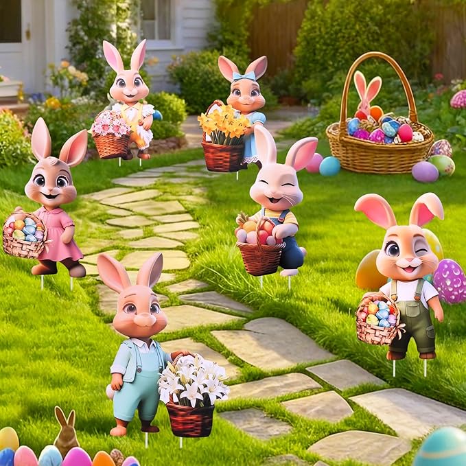 Outdoor Easter Decorations with 393.7 Inch LED Light for Home Bunny Porch, Plastic Easter Outdoor Bunny Yard Decorations, 6 Pcs, 13.78 x 9.45 In