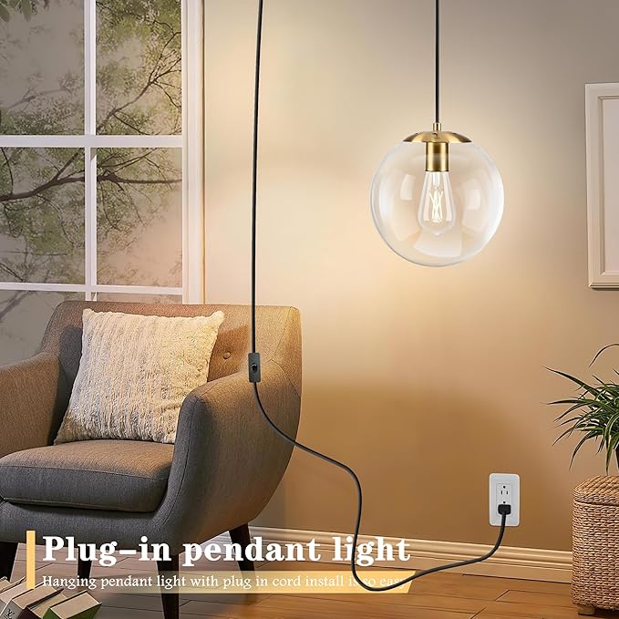 KoKo&Yukina 10" Globe Pendant Light Gold Plug in Pendant Light Adjustable Hanging Lights with Plug in Cord Brushed Gold Finished with Clear Glass Lampshade for Bedroom Kitchen Island（Bulb Included）