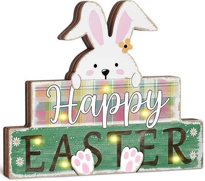 Happy Easter Sign Bunny Decor, Farmhouse Light Up Easter Decorations, Rustic Lighted Spring Decoration With LED Lights, Wooden Rabbit For Home, Office, Kitchen, Table Centerpiece, Tiered Tray, Mantel