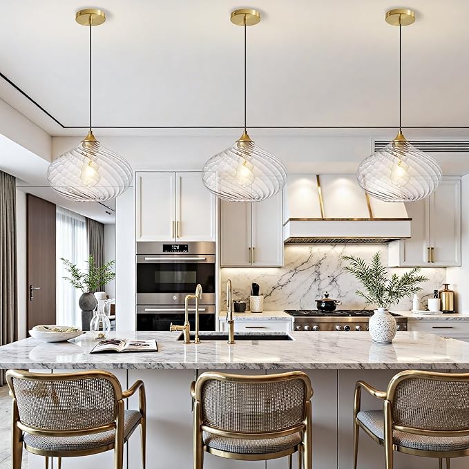 Glass Pendant Lights Kitchen Island, Brass Gold Pendant Lighting Fixtures, Modern Hanging Ceiling Light with 11'' Striped Clear Glass Shade for Farmhouse Dining Room Bedroom Hallway(1 Pack)