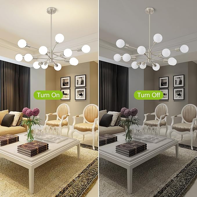 Sputnik Chandelier Modern Brushed Nickel Chandeliers 12-Light Mid Century Ceiling Lighting Fixture for Living Room, Kitchen, Bedroom, Dining Room, and Farmhouse