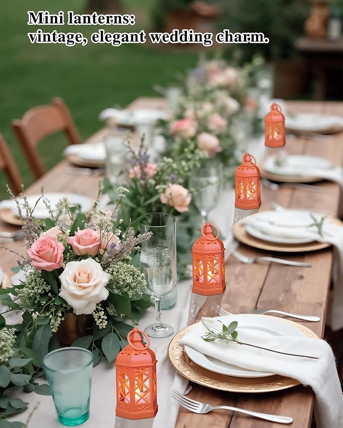 8-Pack Mini Lanterns for Ramadan, Halloween, Christmas, Small Lanterns with Flickering LED Candle for Enchanted Forest Wedding, Moroccan Lantern for Table Centerpiece, Medieval Decor, Orange