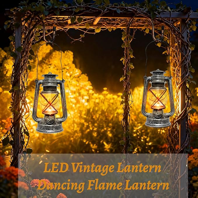 Vintage LED Outdoor Lantern Battery Powered Lanterns with Flame Wick Waterproof Camping Lamp Non-Solar Hanging Lantern Lights Landscape Decor for Indoor/Outdoor Use- Silver Color