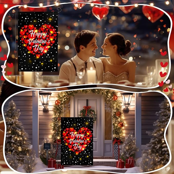 VIHOSE Valentine Garden Flag, 12 x 18 Inch Double Sided Solar Powered LED Heart Flag with Lighting 8 Modes Happy Valentine Red Love Heart Yard Flags Outdoor Banner for Valentine's Day Decorations