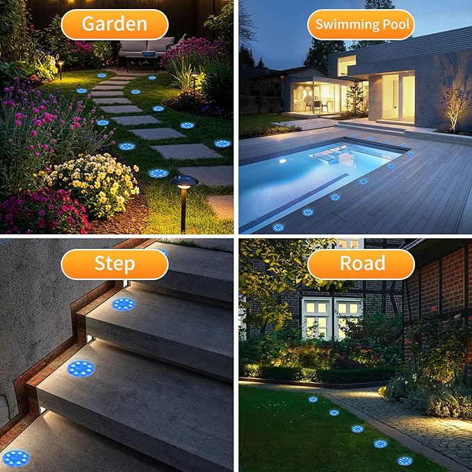 Ground Lights 8 Pack, IP68 Waterproof Solar Disc Lights for Outdoor, Flat Garden Light, In-Ground Light, Landscape Lighting for Pathway, Walkway, and Yard-8 Pcs (Blue)