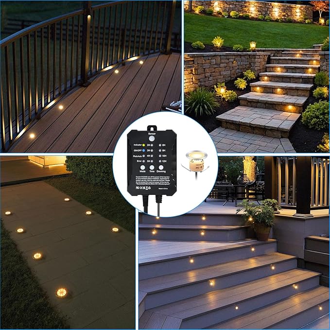 Low Voltage LED Deck Lights with Transformer Dimmable Timer and Photocell Sensor, 20-Pack Outdoor Smart Deck Lighting Kit IP67 Waterproof for Yard Stair Step Patio Garden