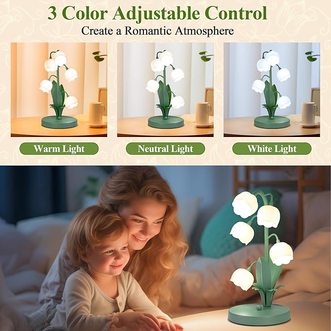 Lily of The Valley Lamp, Green Flower Lamp for Home, 3 Color Adjustable Cute Bedside Night Light for Bedroom Dorm Living Room Office Home Decor (Green)
