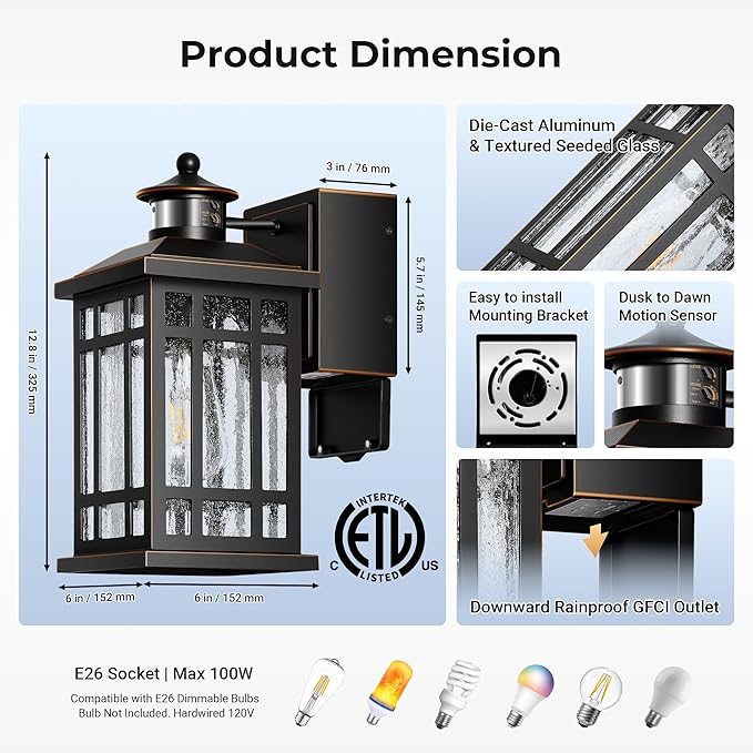 Outdoor Wall Lighting with GFCI Outlet, Modern Black Exterior Light Fixtures with Gold Trim, Aluminum Anti-Rust Outside Lights for House, Porch, Garage, Adjustable Sensitivity & Brightness