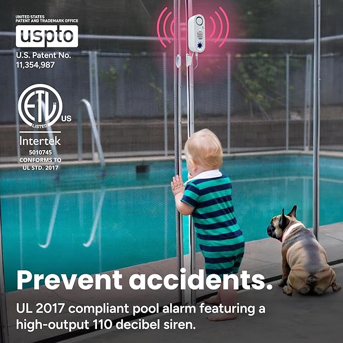 TECHKO Strobe Safe Pool Alarm for Kids, Pets, ETL Listed UL 2017 Compliant, Indoor/Outdor Weather Resistant, LED Strobe Lights & 115 dB Alarm System with Bypass Buttons, Easy Install, White, S287