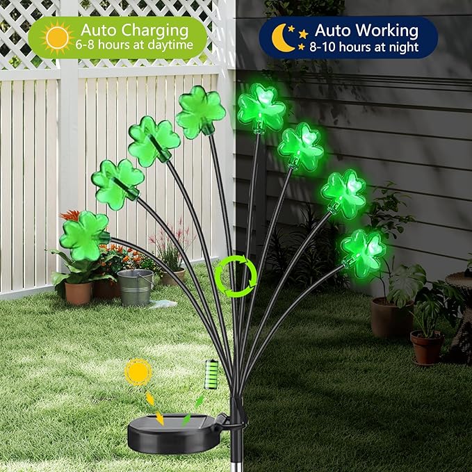 St. Patrick's Day Shamrock Pathway Lights, 8 in 1 Lucky Clover Light with 2 Lighting Modes, Green Firefly Outdoor Decor Solar Powered Swaying Lights Decor for Lawn Yard Garden (Green - Shamrock)