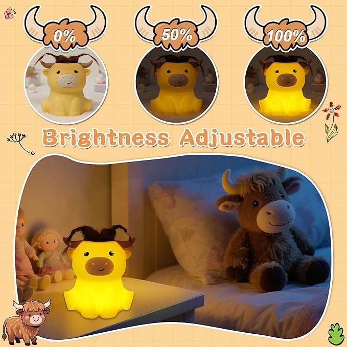 Highland Cow Night Light, Fluffy Cow Squisy Lamp for Kids, Soft Silicone Animal Nightlamp with 2 Levels Dimmable & 20 Mins Timer, Rechargeable LED Light Gifts for Baby Boys Girls