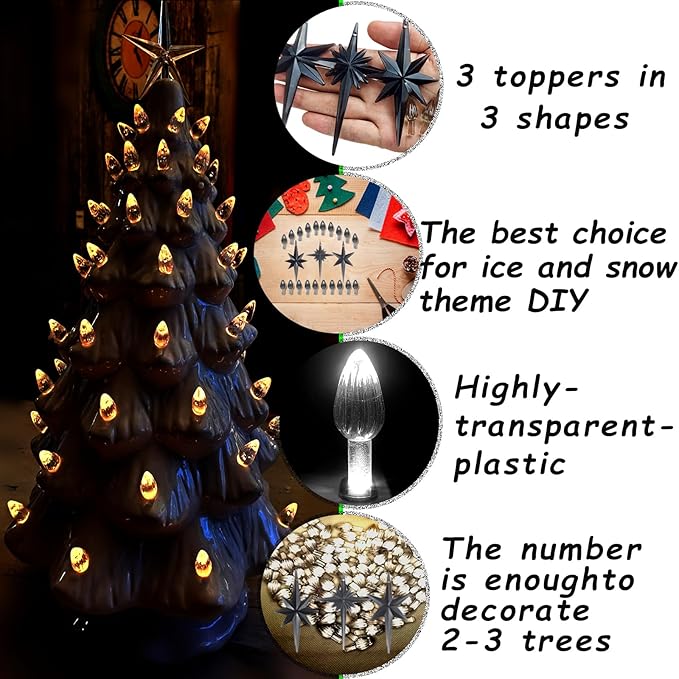 Ceramic Christmas Tree Replacement Lights Bulbs, Black Gray Medium Twist Plastics Pegs Ornaments for Ceramic Tree(87 Bulbs＆ 3 Topper Star)