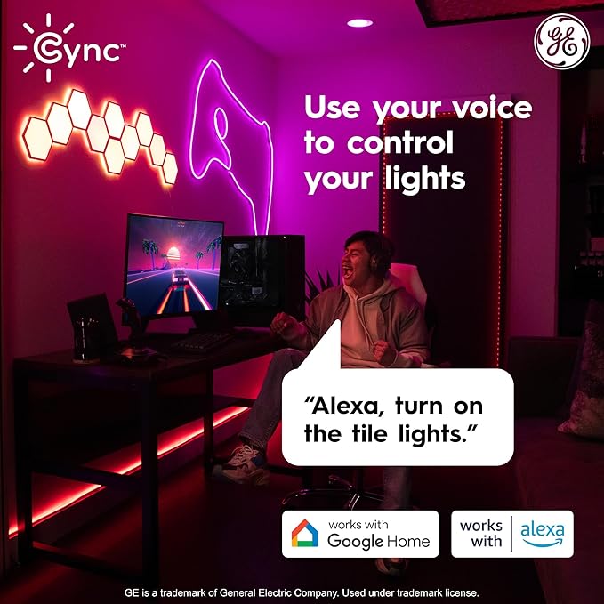 Cync GE Dynamic Effects Indoor Hexagon WiFi Smart LED Color Changing Lights, Wall Light Panels for Room Décor, Gaming Setup, Music Sync LED Wall Art, Works with Alexa and Google, 5 Panels