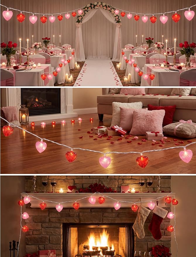 8.5Ft Red and Pink Heart String Lights,10 LED 3D Glitter Hearts Plug in Fairy Heart Shape Lights,Connectable Valentine's Day Decorations for Bedroom,Window,Wedding,Anniversary,Indoor Outdoor