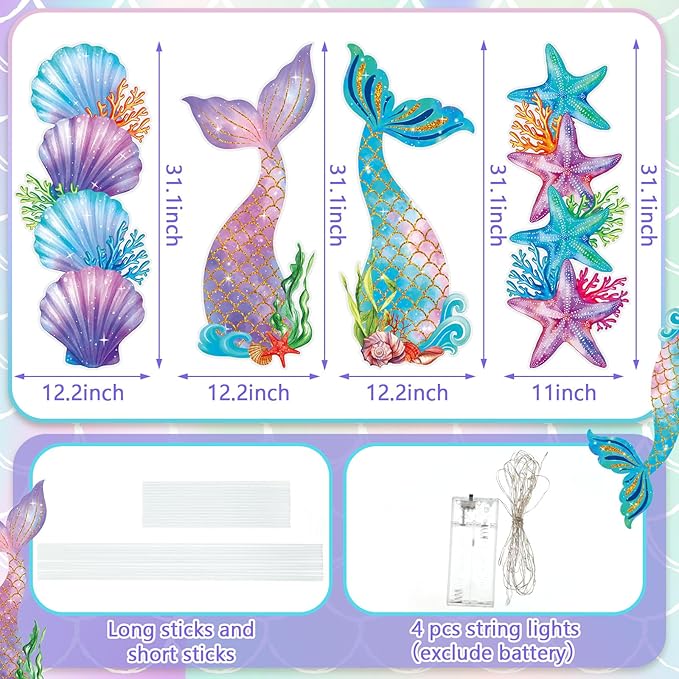 Bencailor 4 Pcs Mermaid Tails Outdoor Decorations Mermaid Seashell Starfish Yard Stake Signs with LED Light Large Ocean Theme Birthday Party Supplies for Outdoor Lawn Patio Garden Stand Decor
