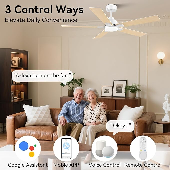 52 Inch Ceiling Fans with Lights,Smart Ceiling Fan with Light and Remote Control,Alexa,APP,White Indoor Outdoor Ceiling Fans for Bedroom,Living Room,Patio,5 Blades,Dimmable LED,6 Speed,Quiet DC Motor