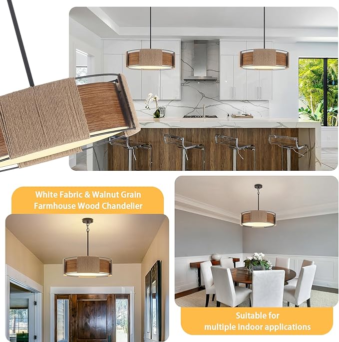 19.7'' Rattan Chandelier, 4-Light 2-Layer Shade Chandelier Rustic Rattan and Metal Wood Grain Round Pendant Kitchen Island Lighting Hanging Drum Chandeliers for Dining Room Foyer Entryway Living Room