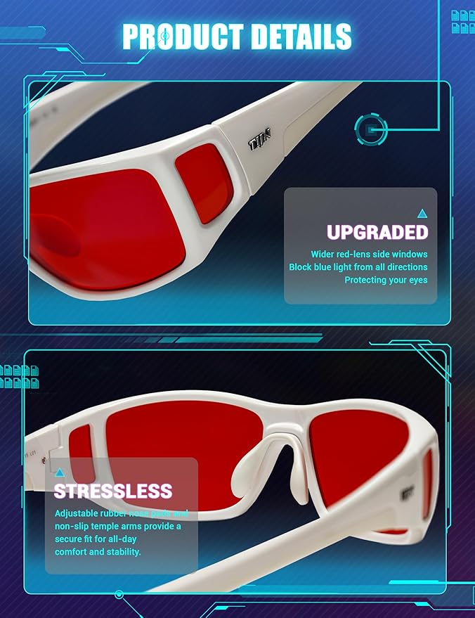 TIJN Sonia Sleep Glasses for Blue & Green Light Blocking,Red Lens with Dual AR Coating,Wraparound Frame for Gaming Screen