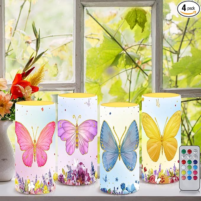 Tiamon Butterfly Flameless Candles Led Butterfly Candles Battery Operated Purple Flickering with 18-Key Remote Timer Pillar for Garden Flower Plants Party Table Decorations