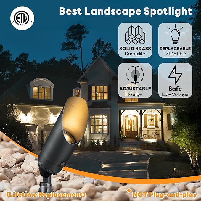 Gardenreet Die-Cast Brass Spot Light Outdoor - 12V Uplighting Waterproof, LED Low Voltage Landscape Lights, Metal Bronze for Fence Fountain Without MR16 Bulbs (12 Pack)