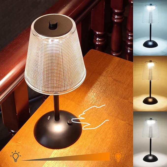 Cordless Table Lamp, 4000mAh Rechargeable Battery Operated Lamp, 3 Color Modes & Stepless Dimmable LED Touch Lamp, Portable Retro Metal Beside Lamps for Home Desk Bedroom Restaurant(Black)