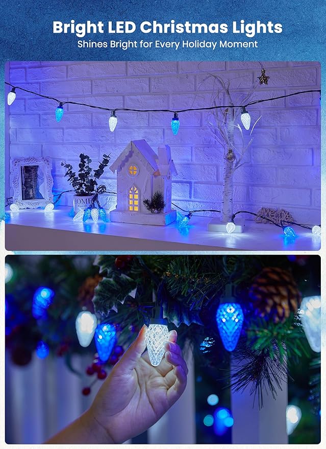 C9 LED Christmas Lights Outdoor, 81 Feet 100 LED String Lights with Timer & 8 Light Mode, Waterproof Commercial Grade Christmas Tree Lights for Outside Indoor Roofline Patio Decor, Blue & Pure White