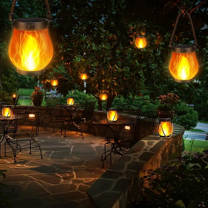 iBaycon 2 Pack Solar Lanterns Lights, Flickering Flame Garden Lights with 2 Modes Dual Charging USB & Solar, Outdoor Waterproof Hanging Lantern for Yard Patio Porch Decor (Warm White)