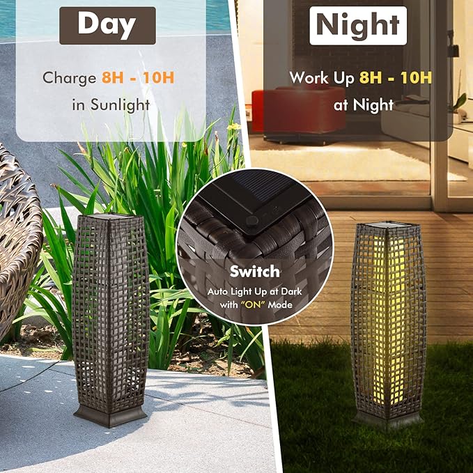 Tangkula 2-Piece Outdoor Solar Powered Floor Lamps, IP65 Waterproof Wicker Floor Lamps with Auto On/Off LED Light, Outdoor Decorative Lanterns for Garden Patio Porch Deck Pathway (Cross-Mix Brown)