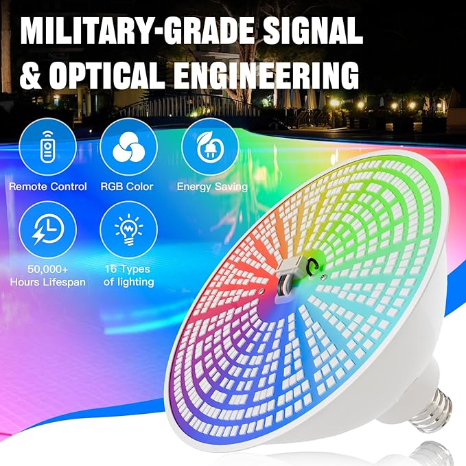 JTT Pool Lights for Inground Pool-LED Pool Light Bulb for Above Ground Swimming Pool-35W(600W Eq.) 6500K 120V Spa Light Bulb E26 Base, Multi-Color & Adjustable with Remote Control - 1Pack