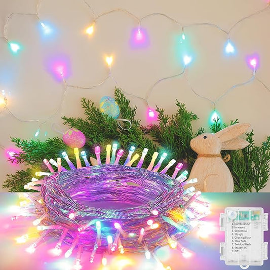 30 LED Easter String Lights - 11.5Ft Pastel Colored Battery Mini Light with 8 Modes, Timer, Waterproof - Fairy Christmas Lighting for Outside Tree Bedroom House Party Garland Decorations - White Wire