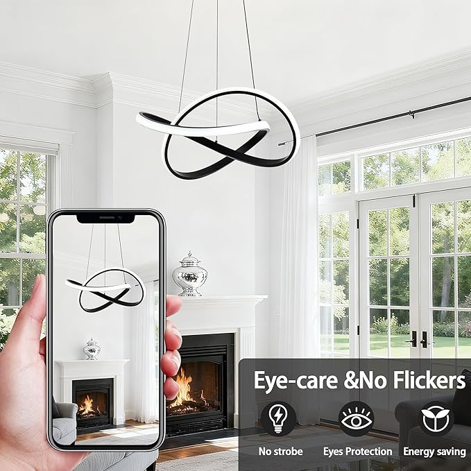 MAYNA Modern Chandelier with Remote Control, 3-Color Dimmable LED Pendant Light Fixtures, Height Adjustable Ring Chandelier for Dining Room,Bedroom,Living Room, Black 19.7 inch