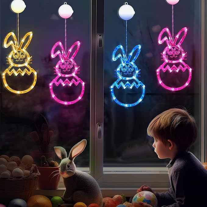 [Timer] Easter Bunny Eggs Window Lights 3 Pack, Blue Pink Yellow Easter Lights Battery Operated with Suction Cup Hook, Hanging Cute Easter Window Decorations for Indoor Home Farmhouse Decor